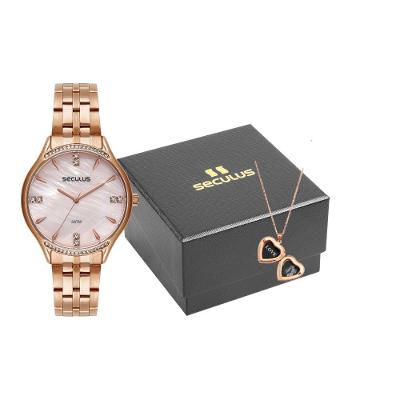 Kit Relógio Feminino Madrepérola Rosé com Colar Coração Caixa Redonda Aço Rosé Séculus