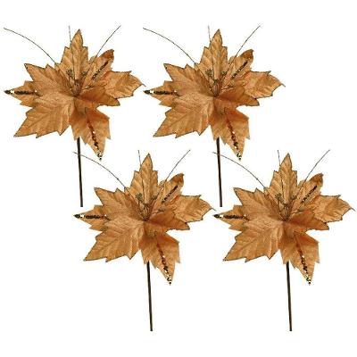 Flor Decorativa Natalina Kit 4 Bico de Papagaio Pick Veludo Glitter Lantejoulas Douradas Yangzi