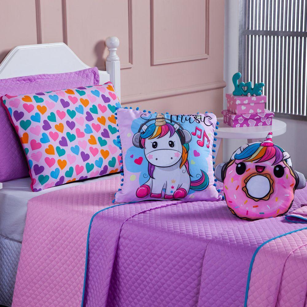 Kit Cobre Leito Donuts Unicórnio Dupla Face Com Almofadas Solteiro 05 Peças - 2