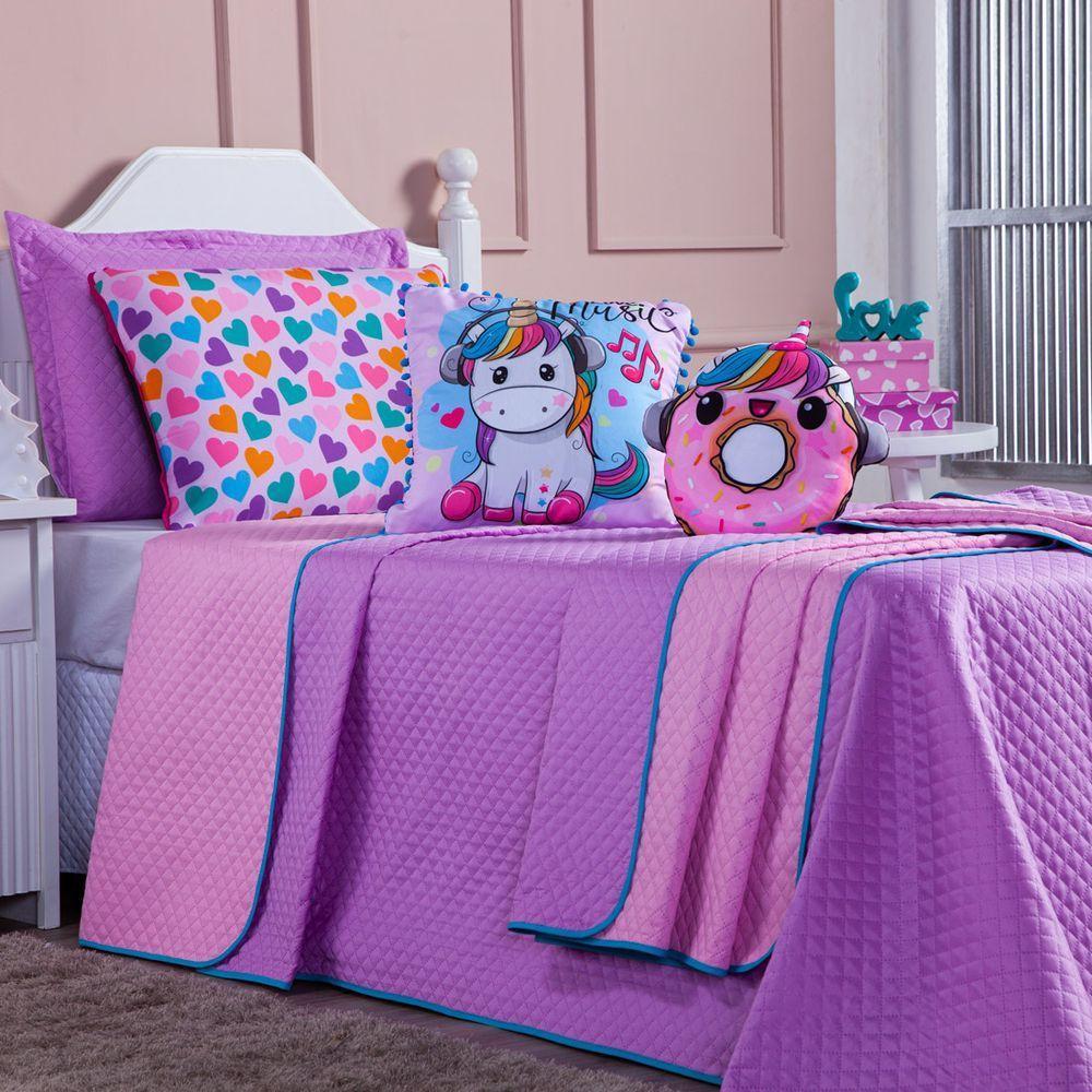 Kit Cobre Leito Donuts Unicórnio Dupla Face Com Almofadas Solteiro 05 Peças - 3