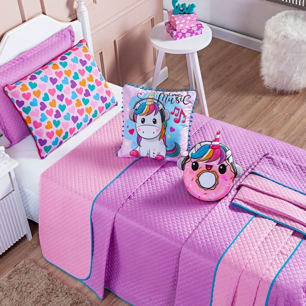 Kit Cobre Leito Donuts Unicórnio Dupla Face Com Almofadas Solteiro 05 Peças - 4