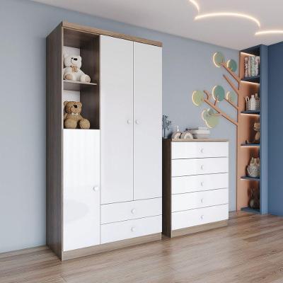 Quarto de Bebê com Cômoda e Guarda Roupas Bala de Menta 3 Portas 7 Gavetas Rústico-Branco Móveis
