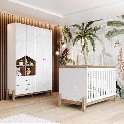 Quarto de Bebê com Berço Minicama e Guarda Roupas Ternura 4 Portas 2 Gavetas Branco Móveis Henn