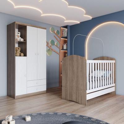 Quarto de Bebê com Berço Minicama e Guarda Roupa Bala de Menta 3 Portas 2 Gavetas Rústico-Branco