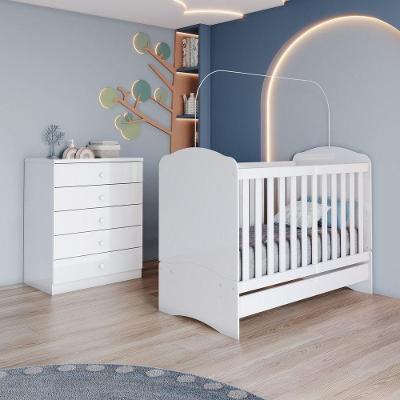 Quarto de Bebê com Berço Minicama e Cômoda Bala de Menta sem Porta 5 Gavetas MDF-MDP 132,7CM Branco