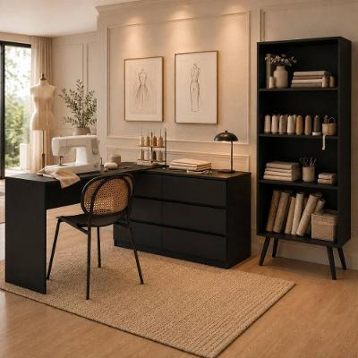 Multimóveis Kit Mesa para Máquina de Costura com 6 Gavetas e Estante Retrô Preto