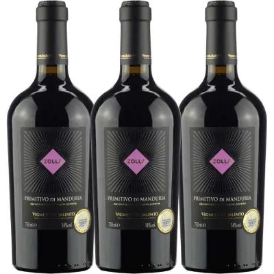 Kit 3 Garrafas Vinho Tinto Manduria Itália Farnese Zolla Primitivo 750ML