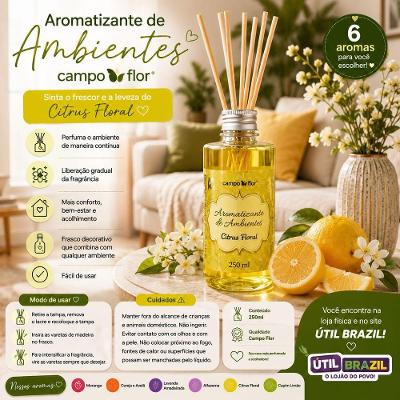 Aromatizante de Ambientes com Varetas Campo Flor Perfuma Continuamente Citrus Floral 250ML