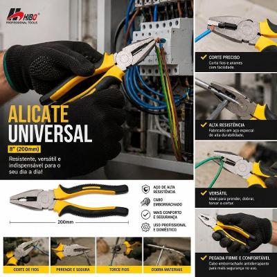 Alicate Universal 8 com Cabo Emborrachado e Mandíbulas Robustas Preto