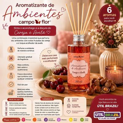 Aromatizante de Ambientes Campo Flor Perfuma Continuamente com Varetas Difusoras Transparente 250ML