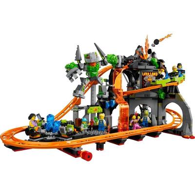 Conjunto de Construção Parque de Montanhas-russas Lava Land com Loop e Rocha de Lava Móvel Amarelo