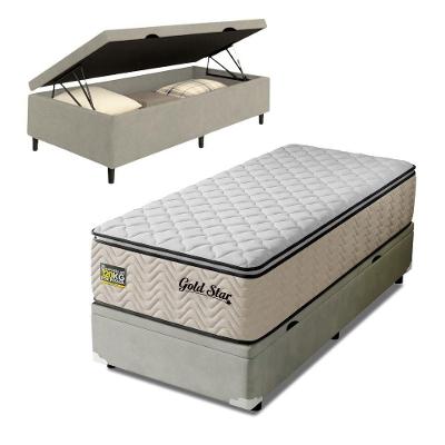 Cama Box Baú com Colchão Solteiro Gold Star Molas Ensacadas Madeira Bege 88CM Hellen Estofados