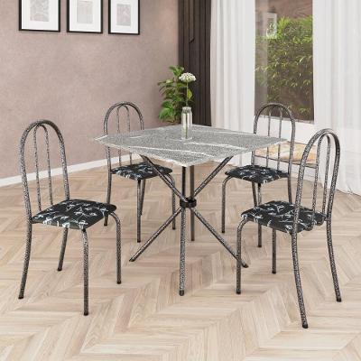 Conjunto de Mesa Tubular 4 Lugares Tampo em Granito Topázio Preto Floral 70CM Tudo de Móveis