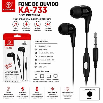Fone de Ouvido com Fio Kapbom KA-733 com Microfone P2 3,5 mm Preto e Branco