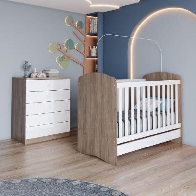 Quarto de Bebê com Berço Minicama e Cômoda Bala de Menta 5 Gavetas Rústico-Branco Móveis Henn