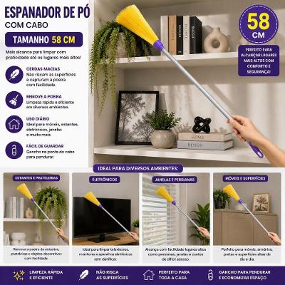 Espanador de Pó com Cabo Cerdas Sintéticas Macias Plástico Multiuso para Casa Cinza 58CM