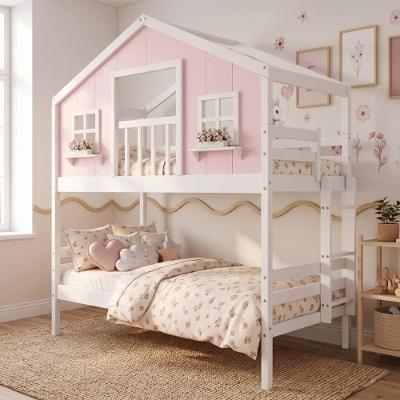 Beliche Infantil Solteiro Casinha dos Sonhos com Varanda Madeira Maciça Rosa Branco Housin