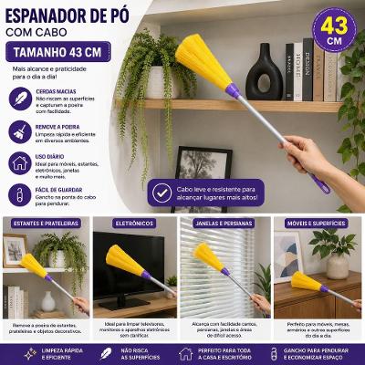 Espanador de Pó com Cabo Cerdas Sintéticas Macias 43cm Cinza para Limpeza Residencial