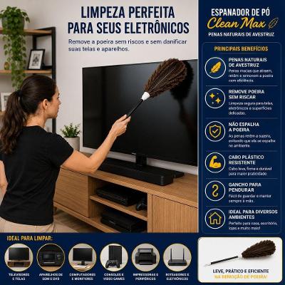 Espanador de Pó Clean Max com Penas Naturais de Avestruz e Cabo Plástico com Gancho Preto 60CM