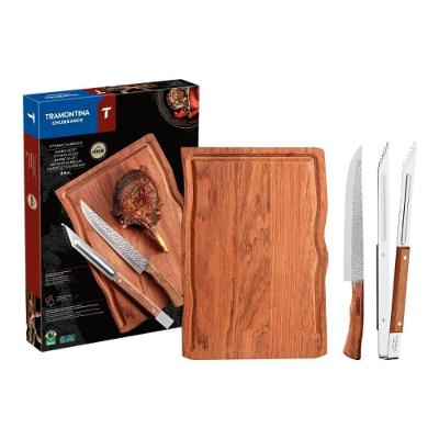 Kit para Churrasco 22999050 Faca e Pegador com Tábua Aço Inox e Madeira Natural Cozinha Marrom
