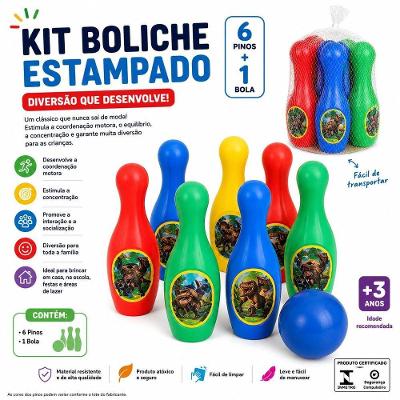 Brinquedo Kit Boliche Infantil Estampado 6 Pinos + 1 Bola Dinossauros Plástico Resistente GGB Plast