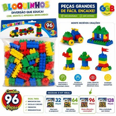 Blocos de Montar Bloquinhos Educativo com Peças Grandes Coloridos GGB Plast Kit 96