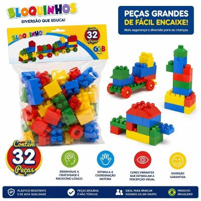 Blocos de Montar Bloquinhos Educativo com Peças Grandes Coloridos GGB Plast 32PEÇAS