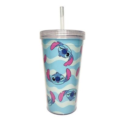 Copo com Canudo Stitch Bebidas Geladas Plástico Tampa Rosqueável Azul 750ML