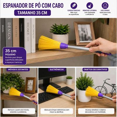 Espanador de Pó com Cabo Cerdas Sintéticas Macias Não Risca Superfícies Cinza 35CM