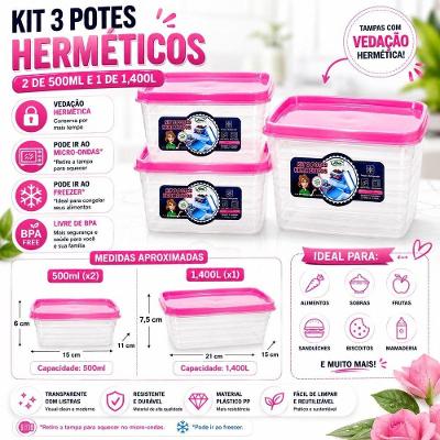 Kit de Potes Herméticos 500ML e 1,4L Plástico Resistente Vedação Hermética Cozinha Rosa Alves