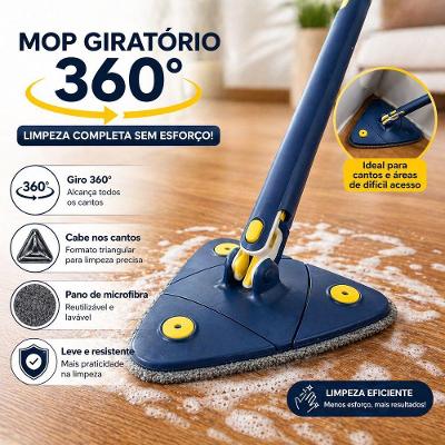 Mop Giratório 360 graus  Triangular para Limpeza de Cantos e Pisos Microfibra Refil Lavável Top Rio
