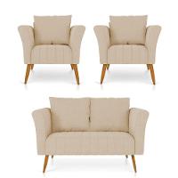 Kit 01 Namoradeira 02 Lugares E 02 Poltronas Marilia Linho Grosso Bege A19 Pés Palito Castanho - D'rossi - 1