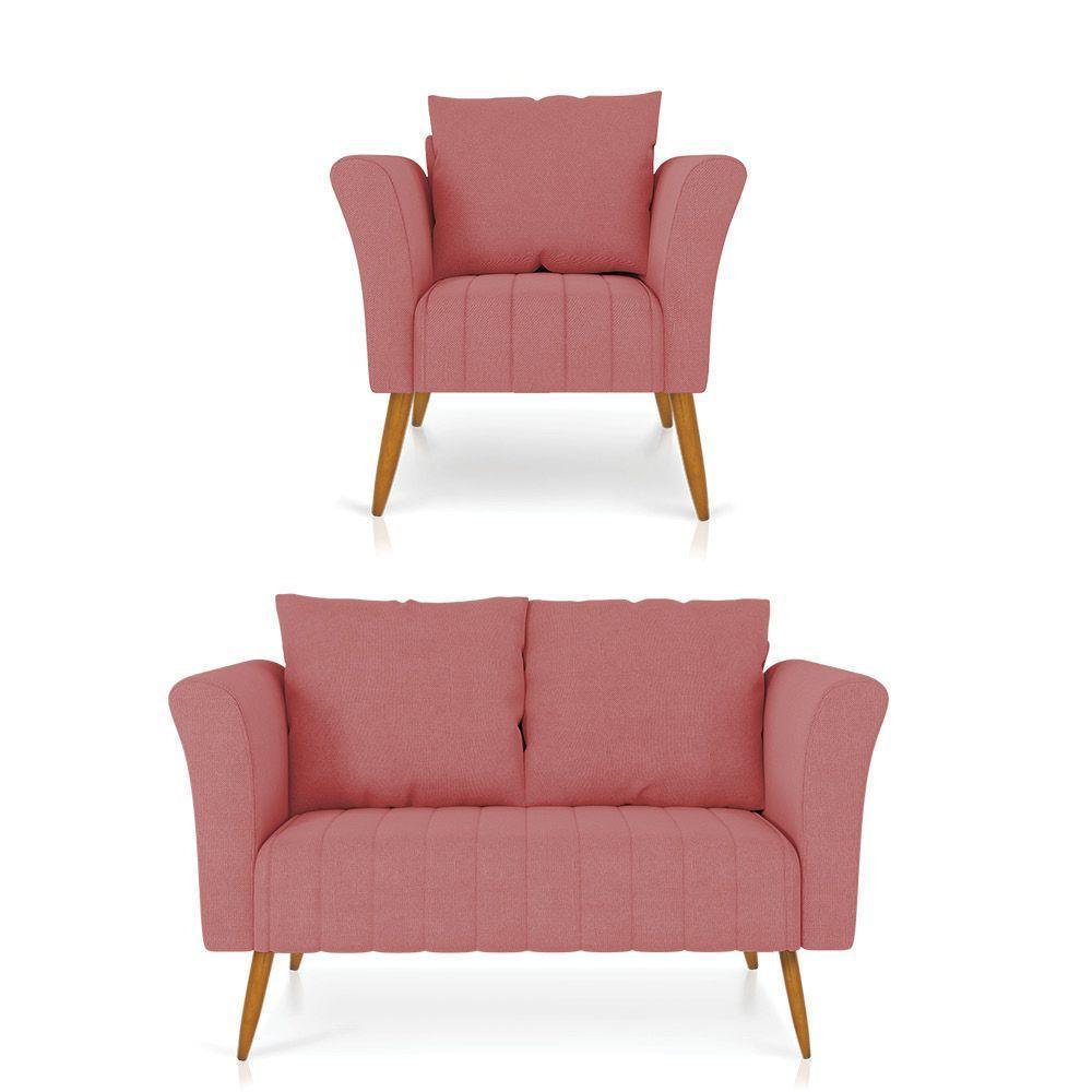 Kit 01 Namoradeira 02 Lugares E 01 Poltrona Marilia Linho Whiski Rose A106 Pés Palito Castanho - D'rossi - 1