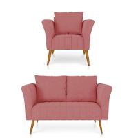 Kit 01 Namoradeira 02 Lugares E 01 Poltrona Marilia Linho Whiski Rose A106 Pés Palito Castanho - D'rossi - 1