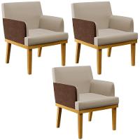 Kit 03 Poltronas Base Mel Linho Bege Couríssimo Marrom - 1