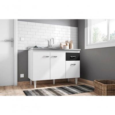 Balcão de Cozinha Gabriela 3 Portas 1 Gaveta 118CM Branco Preto AJL Móveis