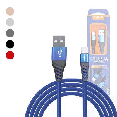 Cabo de Dados USB para Tipo-C Inova MD-6009 3.4A Bivolt Revestimento Nylon Trançado Preto
