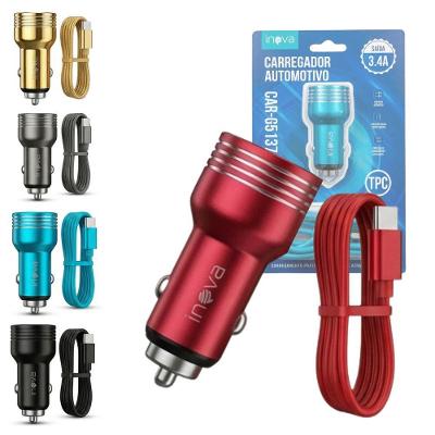Carregador Veicular Inova 3.4A 2 Portas USB 3.4A com Cabo Tipo-C Preto