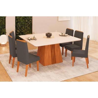 Conjunto Mesa Sala Jantar Italia + 6 Cadeiras Lia 6 Lugares Tampo MDF Quadrado Vidro Freijo Off