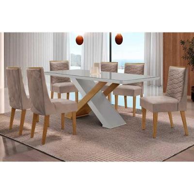 Conjunto Mesa Jantar Imperatriz 6 Lugares Tampo MDF Vidro Retangular Naturale Off White 180CM Móveis
