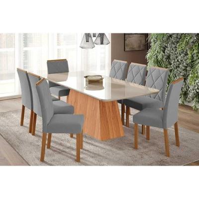 Conjunto Mesa Sala Jantar Helena + 8 Cadeiras Fernanda 8 Lugares Tampo MDF Vidro Retangular Cinamomo