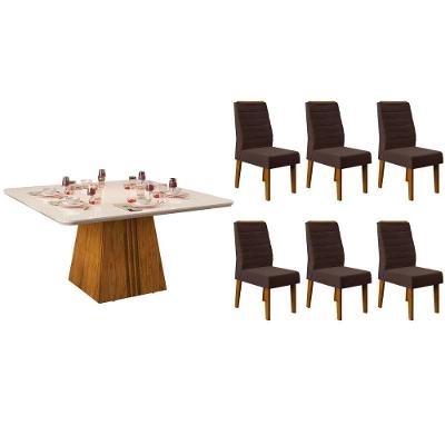 Conjunto Mesa Jantar Italia + 6 Cadeiras Ondina Tampo MDF Vidro Quadrado Freijo Off White 136CM DJ