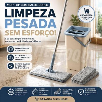 Esfregão Tipo Mop Articulado Top Mop com Balde e 02 Refis Plástico Metal Tecido Limpeza em Cantos