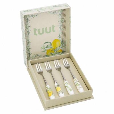 Garfo de Sobremesa Limone Kit 4 Peças Aço Inox e Porcelana Cabo Estampado Branco Verde e Amarelo