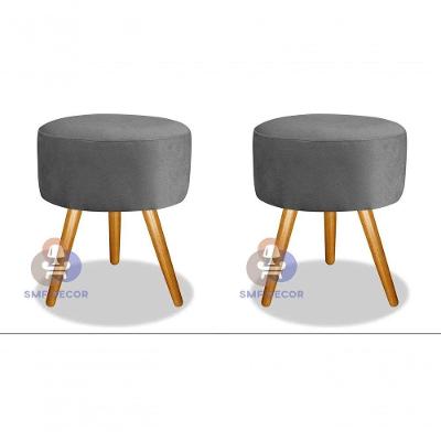 Kit 02 Puff Redondo Pés Palito Assento Espuma Veludo Cinza SMF Decor