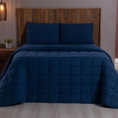 Kit Cobre Leito Colcha Livorno King 3 Peças Malha Penteada 100% Algodão Acolchoado Azul Marinho Casa