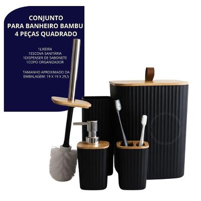 Kit Banheiro Completo com Lixeira 7,5L Plástico Abertura Manual Detalhes em Bambu Preto OEM