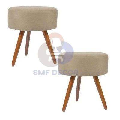 Kit 02 Puff Redondo Decorativo Assento Espuma Veludo Bege Pés Palito SMF Decor