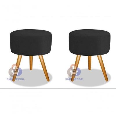 Kit 02 Puff Decorativo Redondo Assento Espuma Veludo Preto SMF Decor