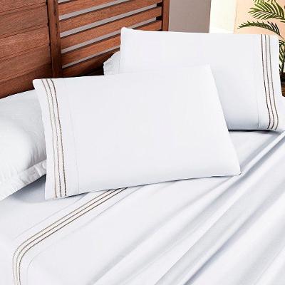 Jogo de Cama Lençol Honore Solteiro 3 Peças Micropercal 200 Fios Detalhes Bordados Branco Neve Taupe
